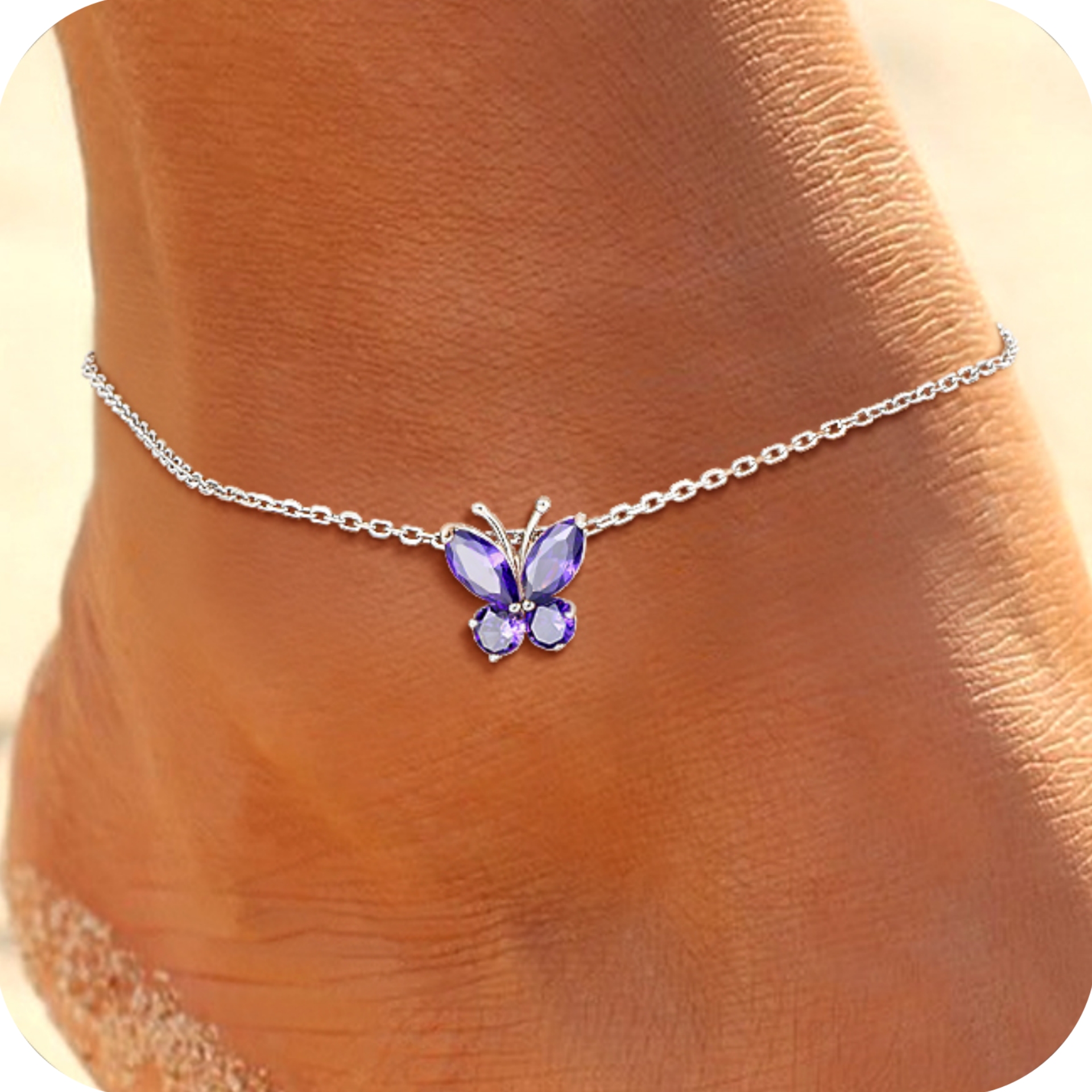 Sterling Silver Anklet for Women Butterfly February Birthstone Foot Bracelet Summer Beach Holiday Jewelry Gift for Her Daughter Birthday